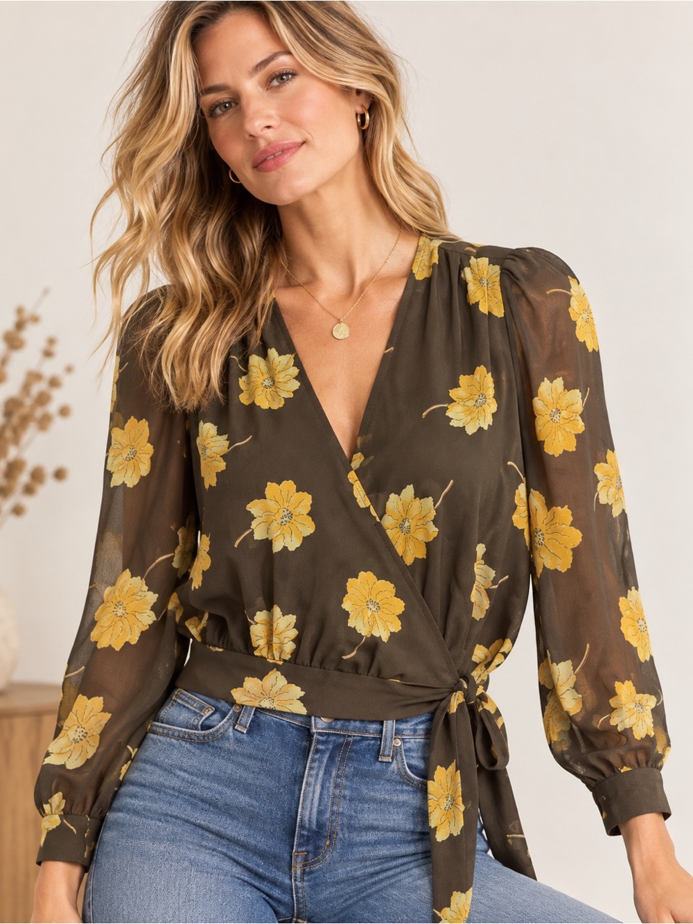 Madewell Effie Floral Wrap Top M Olive Brown Yellow Floral Sheer Sleeve M4324